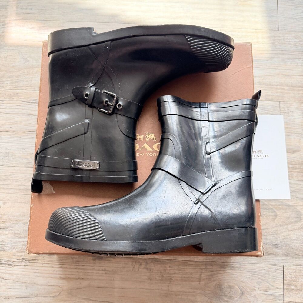 Coach Lester Shiny Rubber Rain Boots Black Buckle Mid Calf Boots Size 9